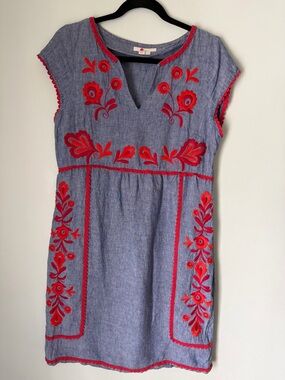 Boden Embroidered Linen Dress Blue Red Floral Boho Cottagecore Size 8